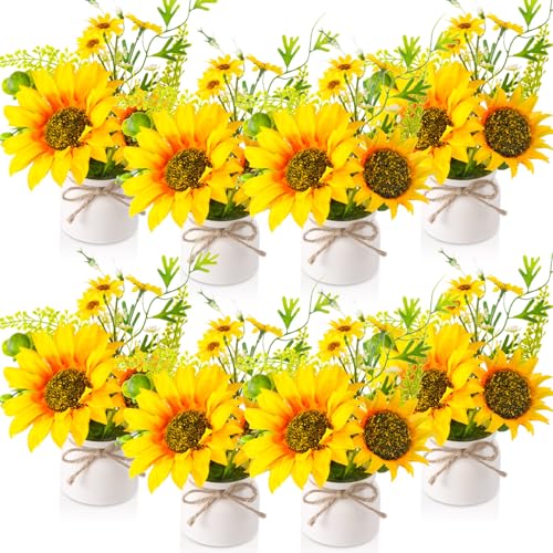 Zeyune 8 Pcs Sunflower Potted Plants Rustic Summer Spring Kitchen Wedding Table Centerpieces Silk Yellow Fake Flower with Plastic Pot for Home Bathroom Office (White,Sunflower)