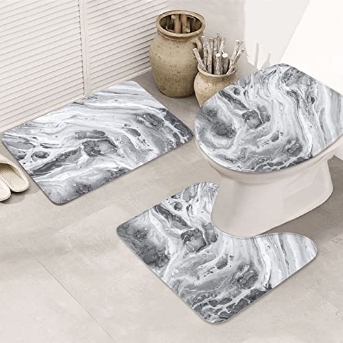ARLTTH Badematte Mit Marmorstruktur, 3-teiliges Badezimmerteppich, Rutschfester Und Weicher, Saugfähiger Polyester-Teppich, U-förmiger Konturteppich Und Toilettendeckelbezug (weißer schwarzer Marmor) – Bild 4