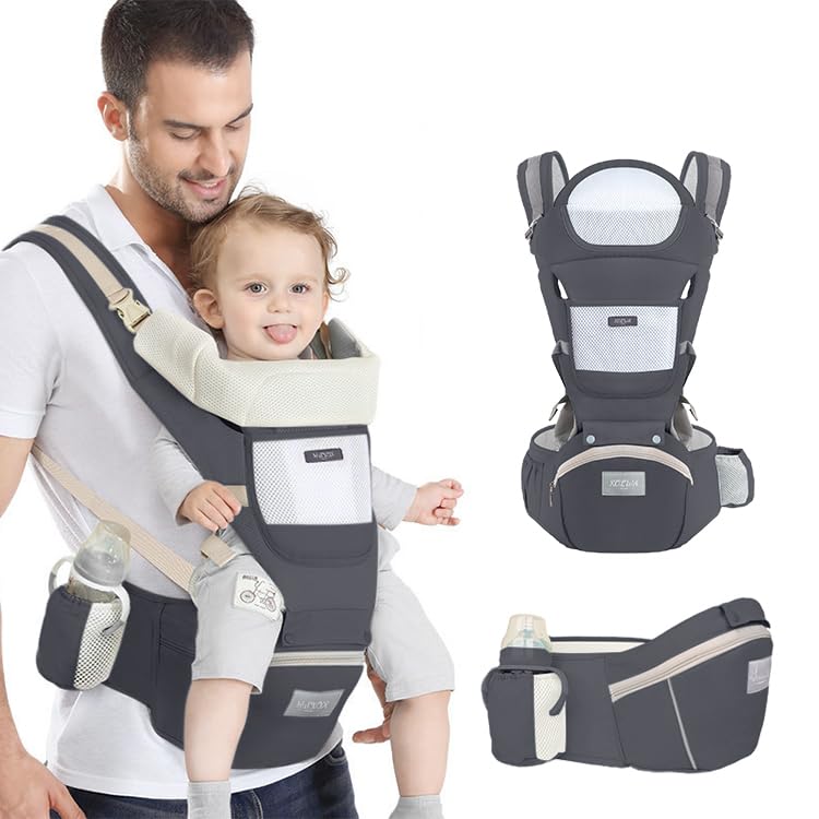 Image of KOLWA 6-in-1 Safety Certified Ergonomic Quality Baby Carrier with Hip Seat: Kangaroo Bag Design for Newborns to Toddlers. Head Supporting Front and Back Support for Parents (Grey)