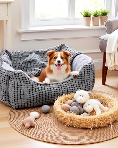 JOEJOY Hundebett Mittelgroße Hunde, Hundekorb mit Herausnehmbar Decke, Hundebetten Cord Flauschiges Waschbar, Rutschfest Hundekörbchen, Hundesofa mit Hohem Rand Passt bis zu 14kg Haustiere(64x53x20cm)
