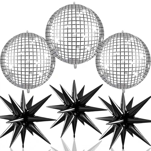 Image of 6pcs 22 inch Black Star Balloons and Disco 4D Large Foil Balloons, Black Foil Star Balloon Silver 4D Aluminum Balloon For Birthday Baby Shower 70s 80s Disco Themed Party Wedding Anniversary Decor