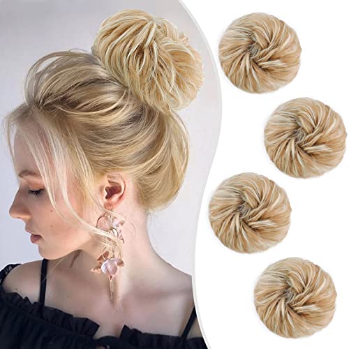 4PCS Messy Hair Bun Hair Piece Hair Scrunchies Extension Synthetic Wavy Curly Chignon Ponytail Hair Extensions Thick Updo Hairpieces for Women Girls Kids (24H613#(Ash Blonde & Bleach Blonde))