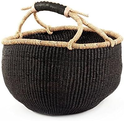 African Basket | Round Bolga Basket | Ghana Basket | Plant Pot| Shopper or Market Basket | Picnic | Woven Basket | Toy Storage | Magazine Storage | Solid colors (Black, Large 14"-16" Across)