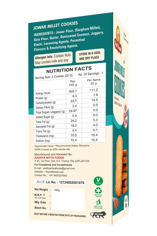 Image of MidBreak Jowar Atta Biscuits - 100g Pack of 1 | Millet Cookies | No Maida | Egg-Free | Jaggery | No Refined Sugar | Palm Oil Free | High in Fiber & Protein | Wholesome Baked Snack