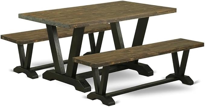East West Furniture V2-676 3 Piece Dining Table Set for Small Spaces Contains a Rectangle Dining Room Table with V-Legs and 2 Dining Bench, 36x60 Inch, Multi-Color