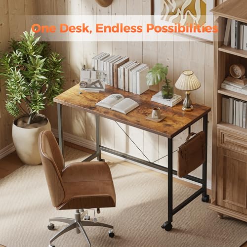 (Caster, Rustic Brown, 32 inch) Rolling Computer Desk with Wheels, Gaming Desk for Small Spaces, Modern Simple Style Table for Home Office, Study Writing Table