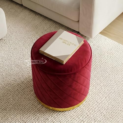 Image of Ottoman Stool, Puffy Stool, Sitting Stool, Modern Upholstered Round Ottoman, Dressing Table for Living-Maroon