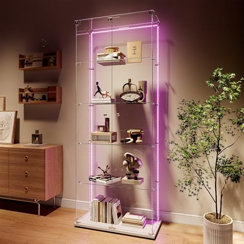 Vitrina de cristal con iluminación LED, vitrina de cristal de pie, armario de 2 puertas, 5 pisos, vitrina de coleccionista con cerradura de cristal para libros, oficina, salón (blanco, 2 puertas, tira