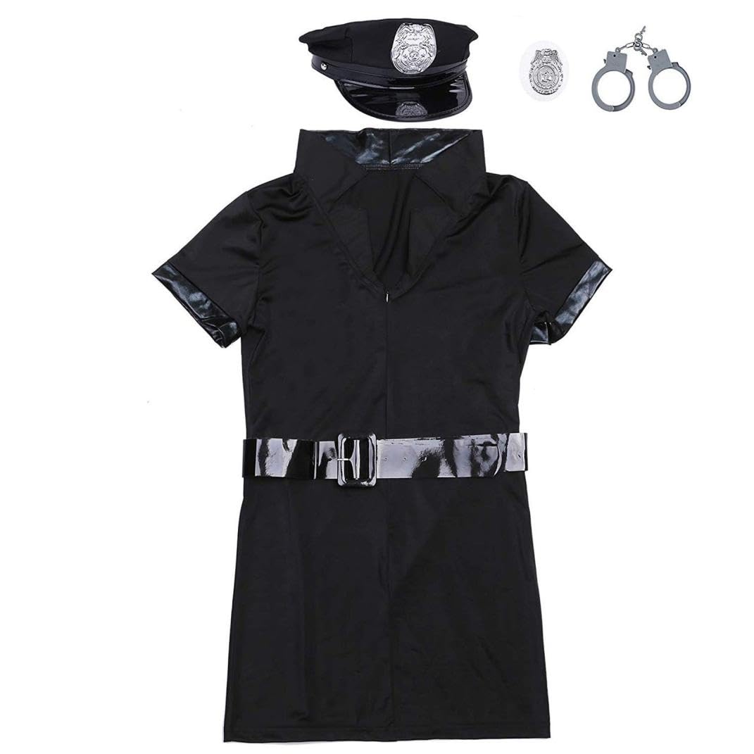 Police Costume Women Naughty Cop Leather Jumpsuit Adult Cop Uniform Fancy Dress Outfit Set Costume Set including Romper, Belt - Image 4