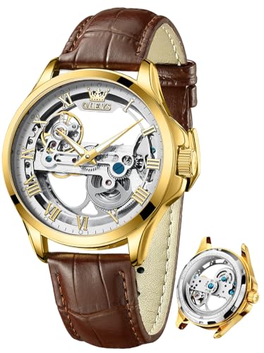 Image of OLEVS Mechanical Dress Mens Watches Square Brown Leather Strap Moon Phase Skeleton Tourbillion Day Date Waterproof Luminous Men's Wrist Watches