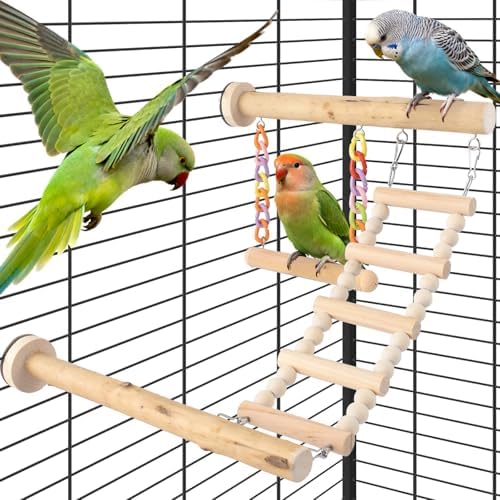 Bird Perches Ladder with Swing, Natural Wood Parrot Climbing Brid...