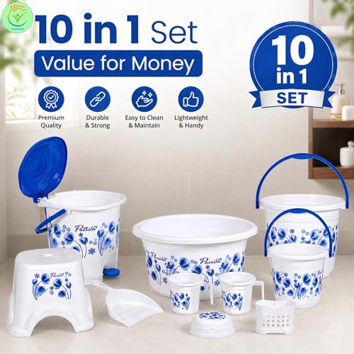 Image of Heavy Duty Virgin Plastic Large Capacity 20L Bucket, 5L Bucket, Stool,22L Deep Tub, Dustbin,1.5L Mug,1L Mug, Soap Case, Dustpan, Tooth Brush Stand Bathroom Set(K.White-Blue) - 10 Pieces