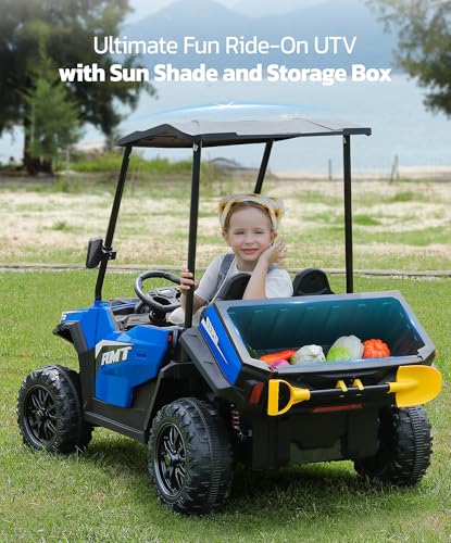 ELEMARA Ride On Dump Truck w/Dump Bed and Shovel, Ride on UTV 2 Seater w/Sun Shade, Max 4.0MPH & 150lbs,12V 10AH Kids Electric Vehicles, 2 Shock Absorbers, 3 Speeds, LED Lights, Bluetooth Music, Blue image 4
