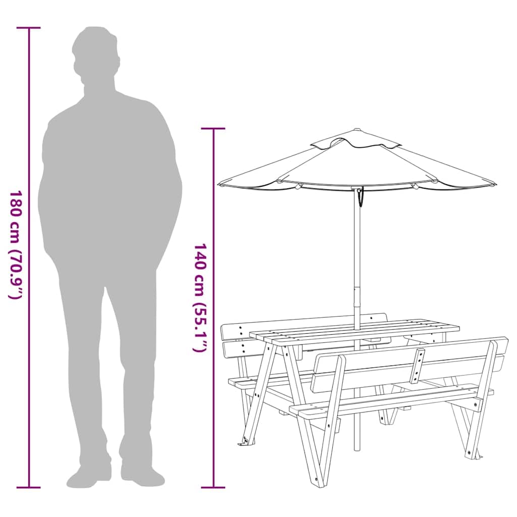 Tavolo da picnic per bambini con ombrellone in legno di abete massiccio, 4 posti, per giardino, terrazza, balcone e esterni, a forma di W, per picnic, barbecue e feste