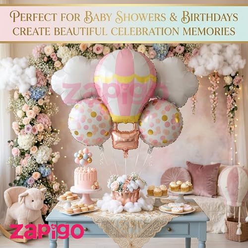 Image of Balloonistics Pink Hotair Balloon And Clouds 1St Birthday Pink Cloud Theme Happy Birthday Balloon Bouquet Pack Of 5