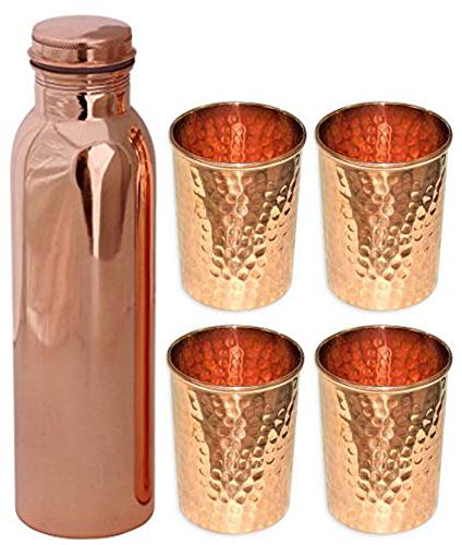 Botella de agua y vasos de cobre 1000 Ml pack 5