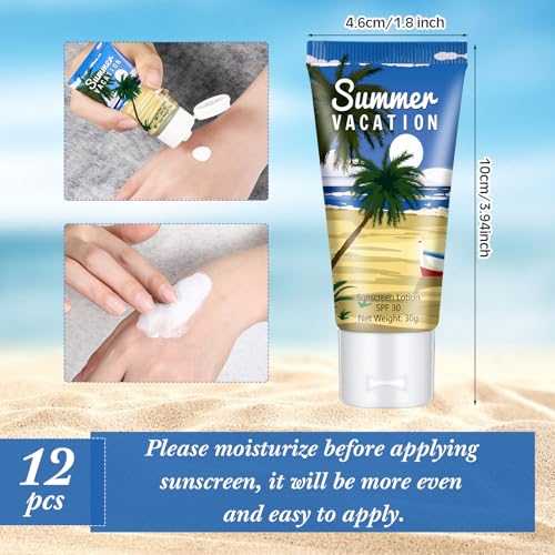 Image of 12 Pcs Mini Sunscreen Bulk for Summer Travel Size Spf 30 Water Resistant Sunscreen Lotion Bulk for Thank You Gifts Hawaiian Wedding Bridal Party Favors for Pool Wedding(Summer Vacation)