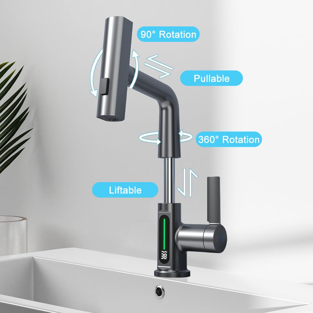 Robinets de cuisine avec rotation à 360 degrés extensible avec pulvérisateur extractible, robinet 3 voies avec régulateur de jet, noir