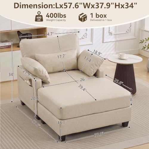 Image of 58 inch Oversized Faux Leather Chaise Lounge Chair Indoor, Mid Century Modern Accent Chair with Ottoman, Deep Seat Comfy Reading Chair with Side Pocket, Single Sofa Armchair for Living Room Bedroom,Beige