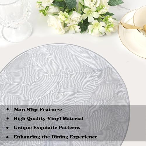 Image of HomeCloud PVC Material Round Shape Table Mat, Dining Table Mat,Table Placemats, Round Mats,Best for Bed-Side Table /Center Table, Dining Table /Shelves (Circle Leaf Flower Silver, Set of 2)