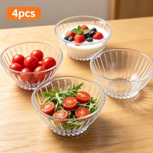 Image of Glassbunny Premium Glass Dessert Bowl Set of 4, 265 ml Capacity, Clear Ribbed Glass Ice Cream Bowls Multipurpose Serving Bowls for Ice Cream, Rabdi, Fruits, Snacks & Desserts