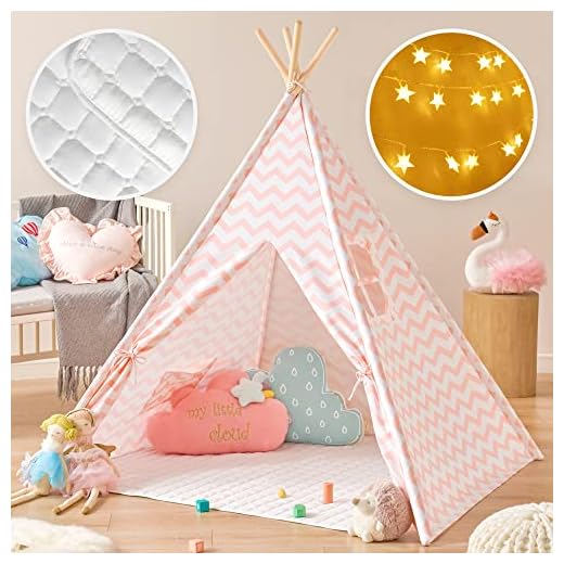 Tiny Land Teepee Tent for Kids with Mat & Light String - Girls Play Tent Pink Chevron Cotton Canvas Tipi