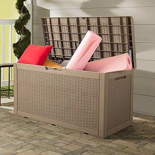 Jummico 100 Gallon Large Resin Deck Box Waterproof Outdoor Indoor Storage Box Imitation Rattan Storage Lockable Container For Garden Pool Cushions Patio Furniture (Light Brown) #TOP7