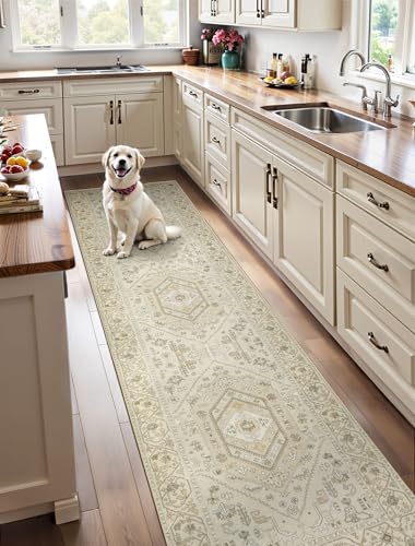 SERISSA Runner Rug for Hallways, 2'6"x10' Washable Non Slip Kitchen Runner Rug, Long Boho Rug Vintage Beige Hallway Stair Ultra Soft Print Floor Carpet for Bedroom Bathroom Laundry Room