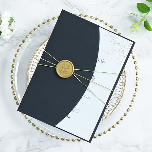PONATIA 20PCS Wedding Invitation Cards Kits - 5x7 Wrap Pocket Invitation Cards with Envelopes, Gold Wax Seals, Ribbons For Weddings, Baby Shower, Birthday, XV Anos, Quinceanera Invitation (Black)