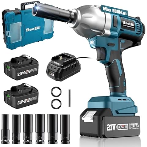 Seesii Cordless Electric Impact Wrench 1/2 inch for Car Home, 665Ft-lbs(900N.m) Brushless, 3300RPM High Torque Gun w/ 2x 4.0Ah Battery,Charger & 6 Sockets, WH710 Cover