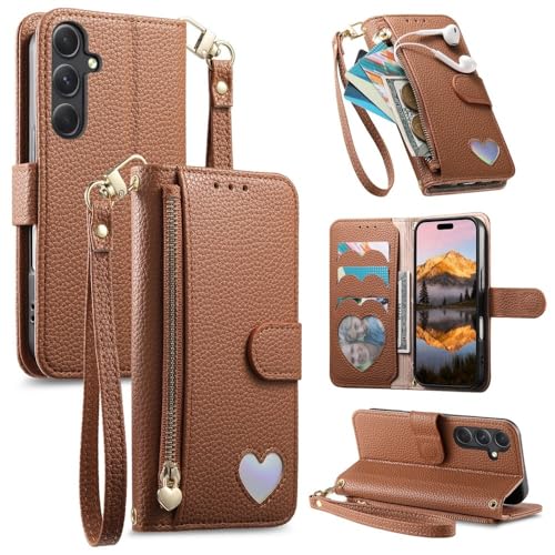 Étui pour Samsung Galaxy A15 4G/5G portefeuille marron en cuir grainé avec fermeture éclair