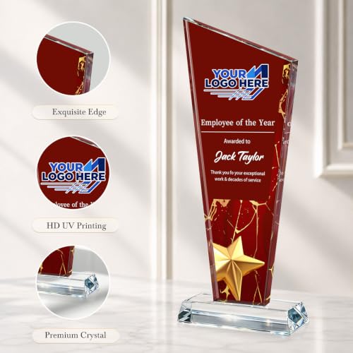 Image of Custom Crystal Trophy Award Personalized Plaque Award with Text Logo Photo Awards Trophies for Employee Recognition Team Graduation Personalized Office Gifts for Boss Coworker Teacher