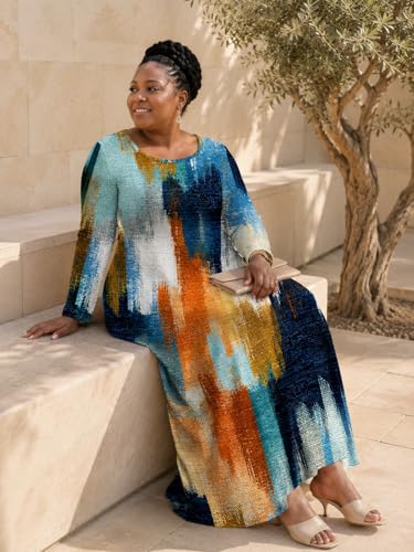 Image of PinkPatty Plus Size Maxi Dress for Curvy Women Crew Neck Long Sleeves Casual Dress Vacation Sundresses with Pockets