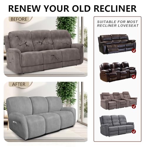 Image of ANARACHON Leather Look Recliner Couch Cover 8-Piece Recliner Sofa Slipcovers 3 Seater for Reclining Couches Furniture Protector Spandex Fabric Washable (Recliner Sofa,256Light Gray)
