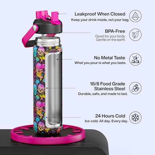 Image of ENCOOL Insulated Water Bottle with Straw Stainless Steel Water Bottle, Leak-Proof, BPA-Free, Double Wall Vacuum Keeps Cold for 24 Hours for Sports, Travel, School (26 oz, Trippy Skulls)