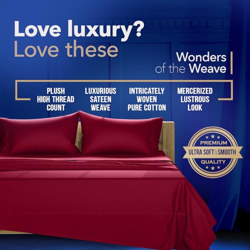 Image of TEXAS LINEN CO. 100% Egyptian Cotton Sheets Queen Size - Luxury 1000 Series Lonestar Lovin' Collection Bed Sheets Queen Size Set (4 PC, Burgundy), Cooling, 16 inch Deep Pocket, Sateen Weave Hotel Sheets