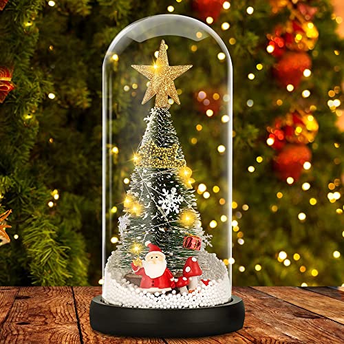 Árbol de Navidad Pequeño, Mini Árbol de Navidad en Cúpula de Vidrio, Árboles de Sisal en Miniatura con Luces LED, Arbol de Navidad Artificial para Decoraciones de Navidad