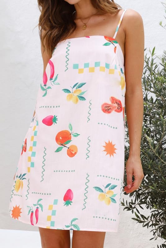 Image of ROAONOCOMO Women Boho Graffiti Cami Mini Dress Spaghetti Strap Printed A Line Short Dress Cute Colorful Sundress