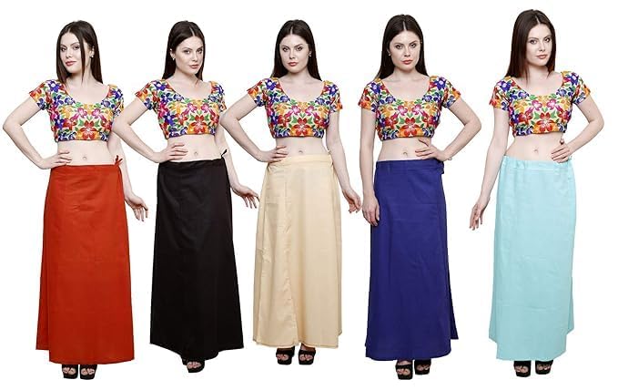 Image of Vlazom Women's Cotton Saree Petticoat - Pack of 5 Inskirts | Soft & Breathable Underskirts | Adjustable Drawstring Waist | Multicolor for Daily & Occasion Wear