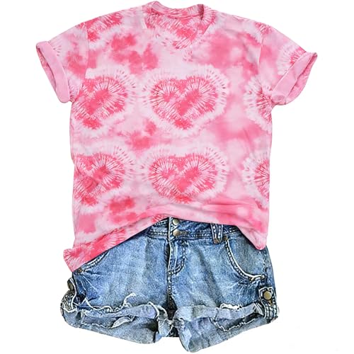 Women Valentines Shirts Tie Dye Heart Graphic Short Sleeve Cute Round Neck Shirt for Women Lover Gift Tops