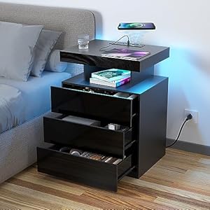 HOMMPA LED Nightstand with Wireless Charging Station 2 Outlets USB Port Type C Black Bedside Table with 3 Drawers Modern Smart LED Nightstand Tall 26.8in High Gloss Night Table with Light for Bedroom