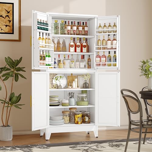 Image of GAIOUS 74.8 inch Tall Metal Food Cabinet, White Kitchen Pantry Cabinet, Storage Cabinets with 4 Door and 4 Adjustable Shelves, Steel Freestanding Cupboard for Kitchen Dining Room Living Room Bathroom