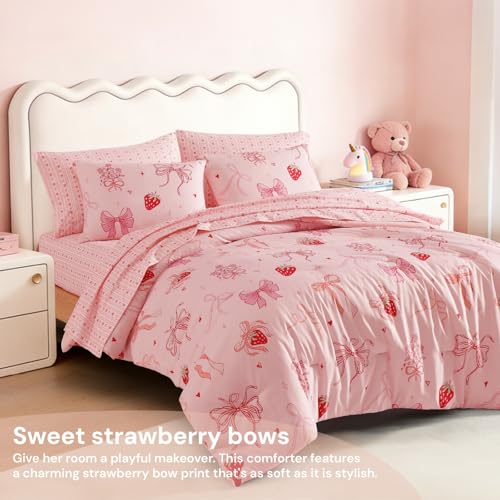 Image of BLOOMHAVEN Full Size Comforter Sets for Girls, 7 Pieces Pink Bedding Set with Strawberry Bow, All Seasons Kids Bed in a Bag with Sheets, Pillowcases & Shams