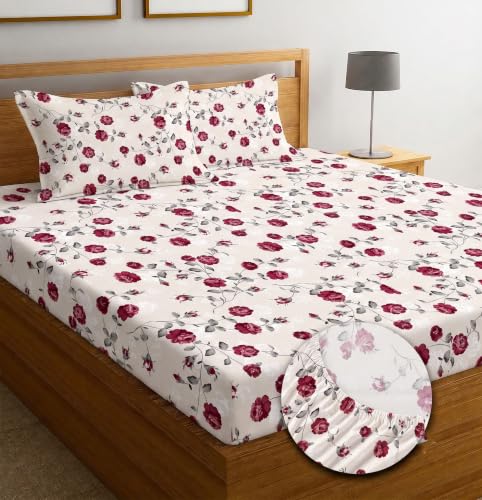 Image of IVAZA Ezyption Cotton Super Soft 240 TC Elastic Fitted All Around Elastic Printed King Size Double Bed Bedsheet with 2 Pillow Cover 72 inch X 78 inch3 Deep Rose
