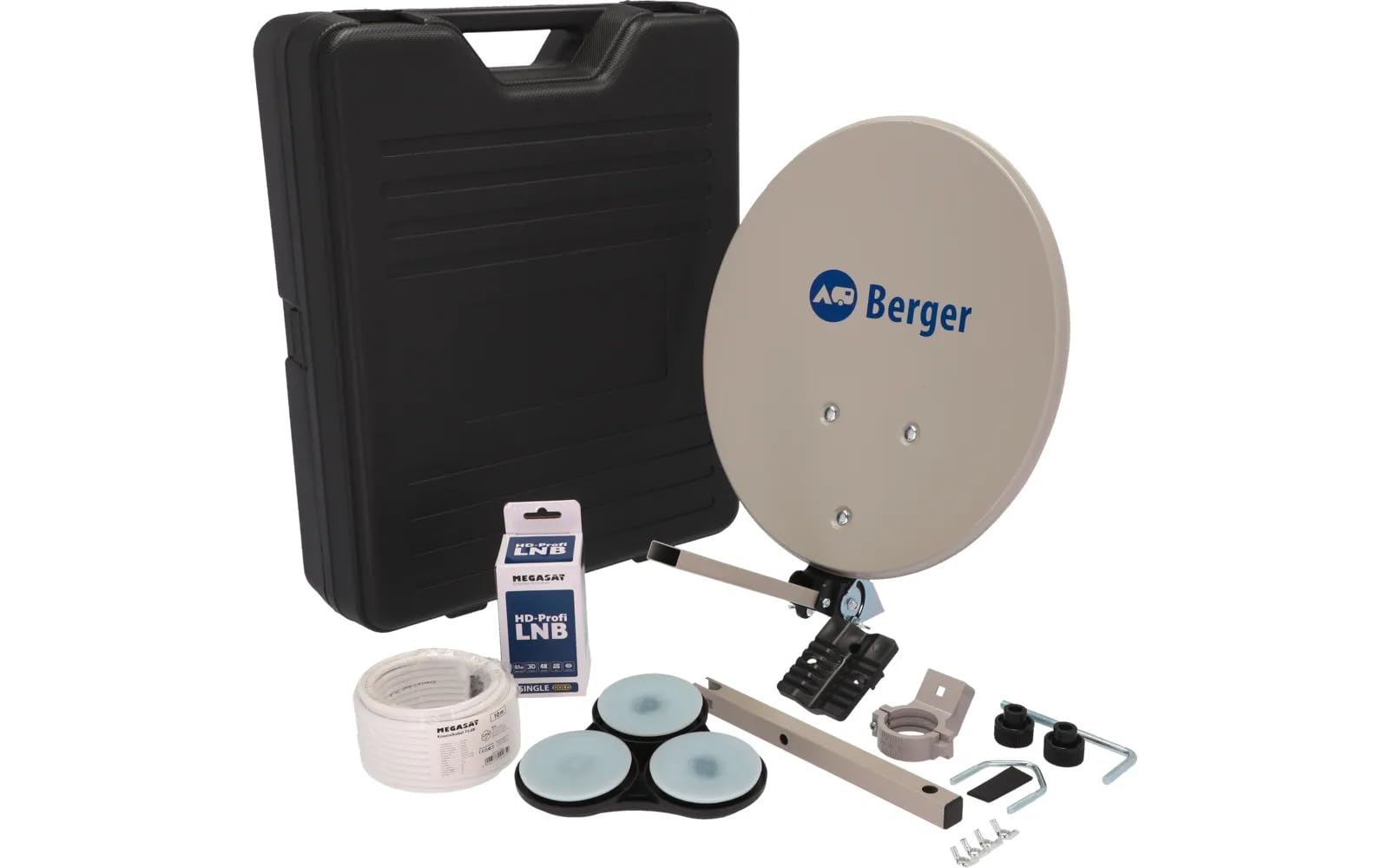 BERGER - Sistema De Satélite Móvil - Antena Parabólica Pequeña con LNB Único - Parabólicas Kit Completo En Maletín De Camping, Kit parabólica 60 cm, Soporte y LNB Universal