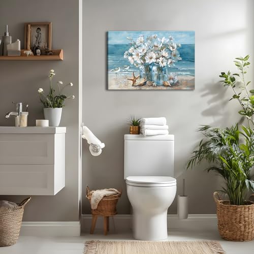 Blue Coastal Beach Bathroom Wall Art Seaside Seashell Starfish Painting Print Mason Jar White Daisies Canvas Picture Wall Decor Seascape Theme Flower Print Artwork for Living Room Bedroom 16x24" - Image 7