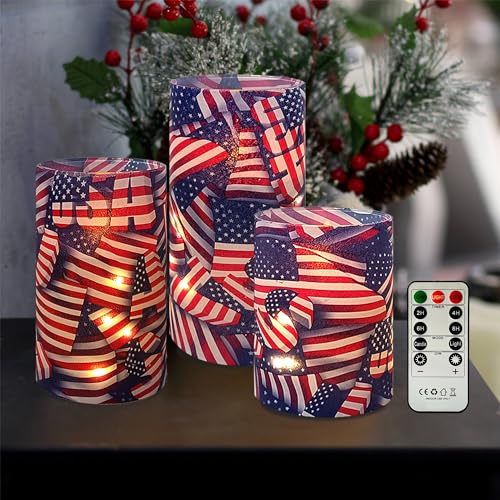 Image of Printed Flameless Candles with String Lights - Set of 3 USA Flag Battery Operated Candle Flickering Floral LED Pillar Candles with Timer Remote for Home Decor Romantic Ambiance,Flag