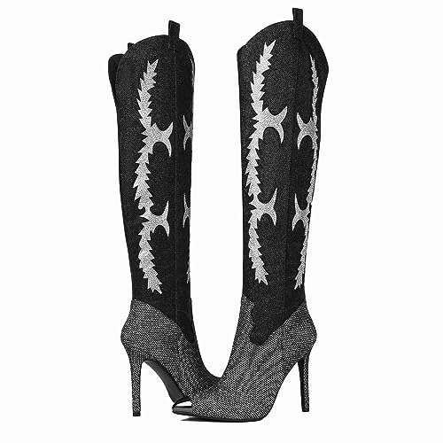 Image of CKSNDLF Women's Western Cowboy Thigh High Boot Rhinestones Cowgirl Boots Glitter Sparkly Boots Over The Knee High Heel Pointed Toe Wedding Party Shoes