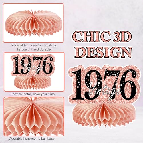 Image of 9Pcs 50th Birthday Decorations Honeycomb Centerpieces for Women, Rose Gold Pink Happy 50th Birthday Centerpieces Tables Toppers Party Decorations Supplies, Vintage 1976 Aged Table Sign Decor