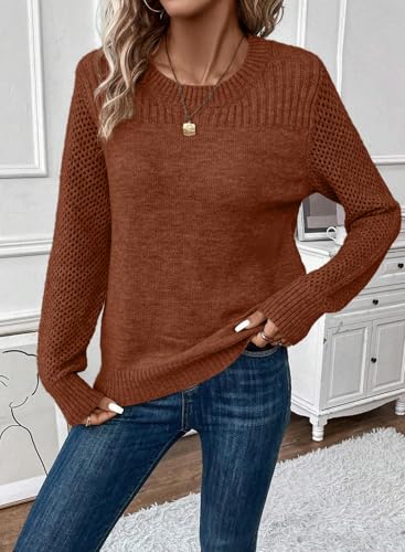 Image of EVALESS Womens Sweaters Casual Long Sleeve Crewneck Knit Lightweight Hollow Out Crochet Sweater Pullover Tops